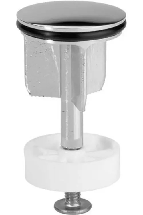 Ablaufstopfen in Silber mit einer weißen Unterlage und einem integrierten Schraubmechanismus. Ideal Standard Produkt für zuverlässige Abdichtung in sanitären Einrichtungen.